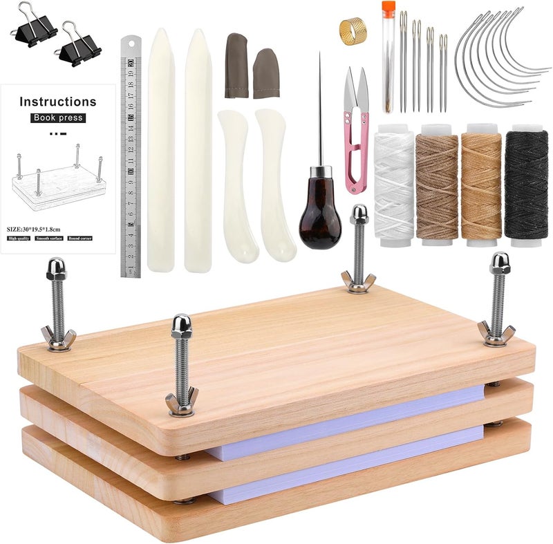 JUPEAN 34 Pcs Book Binding Kits, Book Press(11.81”x7.56”), Books Making Kit with Bone Folder Bookbinding Needles Waxed Threads Books Binding Awl, Bookbinding Tools for Beginners - Image 1